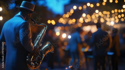 Close-up of jazz instruments like saxophone and trumpet at a jazz festival photo