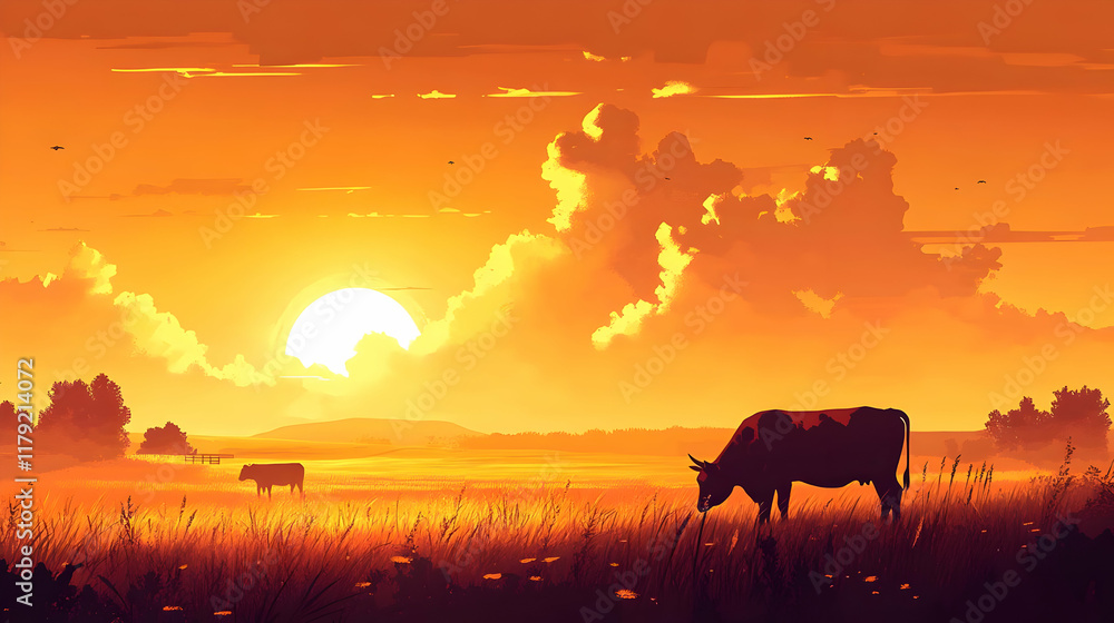 Cows graze peacefully in a golden sunset field with a vibrant orange sky and fluffy clouds. Cows graze peacefully in a golden sunset field with a vibrant orange sky and fluffy clouds.