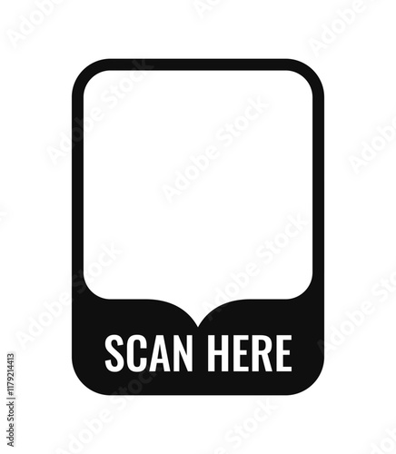 Minimalistic black-and-white QR code frame with Scan Here text at the bottom, placed on a plain white background. Concept of digital interaction. Vector illustration