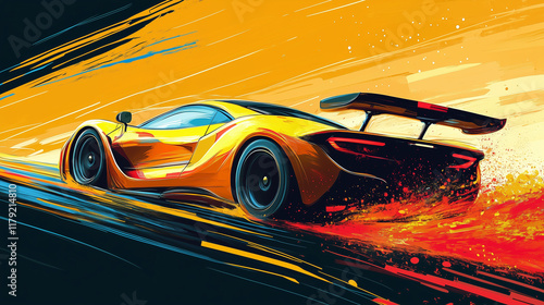 Wallpaper Mural A vibrant painting of a yellow sports car speeding, leaving a fiery trail. Dynamic brushstrokes create a sense of motion and energy. The background is a blend of orange and dark hues. Torontodigital.ca