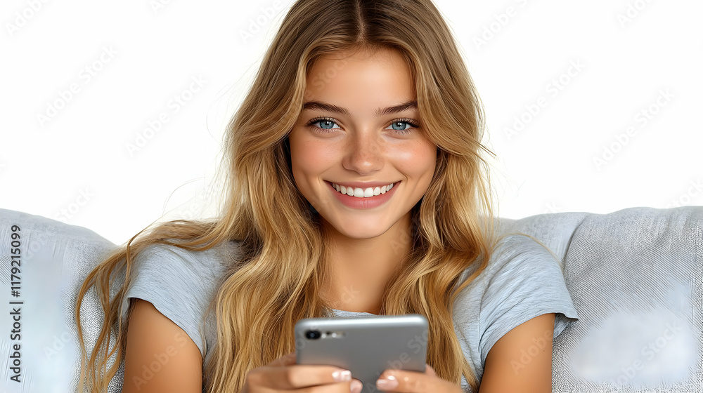 Smiling Blonde Woman Uses Smartphone While Relaxing on Sofa at Home Comfortably Smiling Blonde Woman Uses Smartphone While Relaxing on Sofa at Home Comfortably
