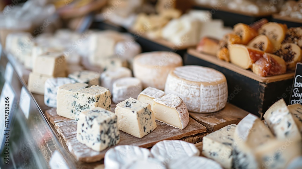 A large selection of cheeses displayed at a typical farmer's market, showcasing local flavors and craftsmanship. A large selection of cheeses displayed at a typical farmer's market, showcasing local flavors and craftsmanship.