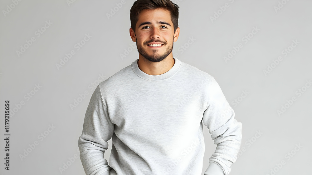 Smiling Man Poses in Gray Sweatshirt with Hands in Pockets Against a Gray Backdrop Smiling Man Poses in Gray Sweatshirt with Hands in Pockets Against a Gray Backdrop