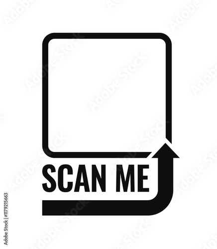 Black QR code placeholder with bold Scan Me text and upward arrow, minimal design on a white background. Concept of QR code, scanning, and technology. Vector illustration
