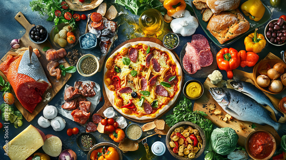 Cooking process of pizza, pasta, soup and bakery with healthy fresh ingredients, vegetables, cheese, fish, sausage, dairy products, sauces and olive oil Cooking process of pizza, pasta, soup and bakery with healthy fresh ingredients, vegetables, cheese, fish, sausage, dairy products, sauces and olive oil