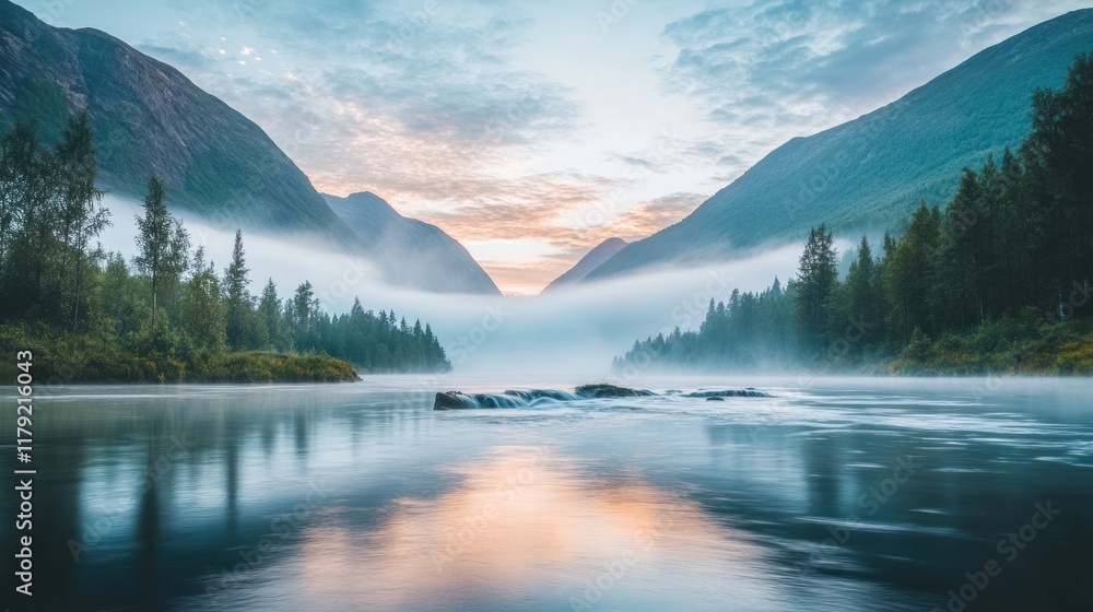 Fototapeta premium Misty sunrise over calm river between mountains.