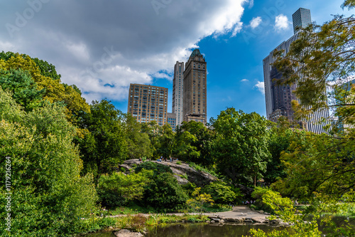 A view from the end of the Gapstow Bridge in Central Park in Manhattan, New York, in the fall photo