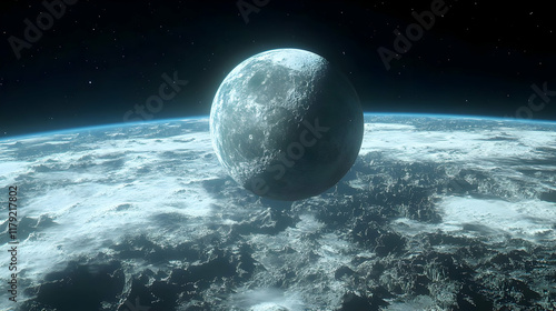 Large Moon Looms Over Icy Alien Planet Surface with Starry Sky photo