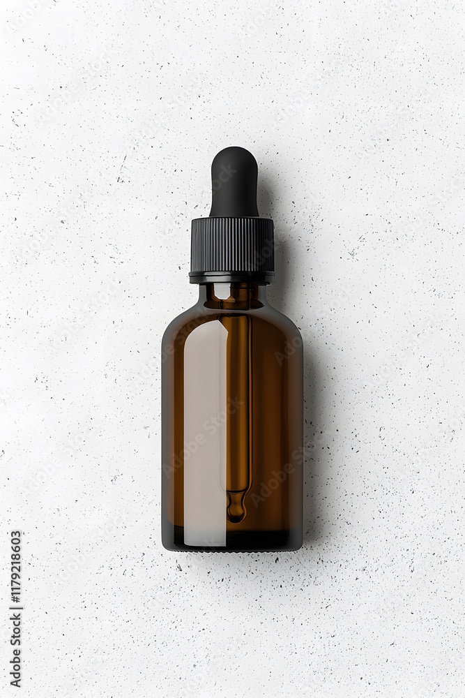 Fototapeta premium Amber glass dropper bottle with black cap mock up isolated on white background