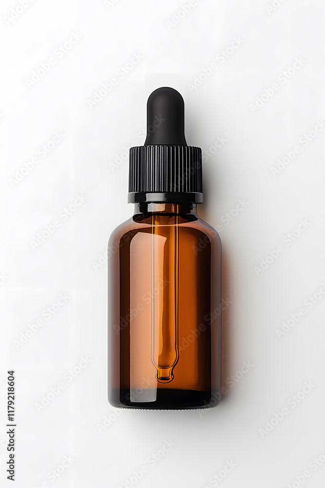 Amber glass dropper bottle with black cap mock up isolated on white background Amber glass dropper bottle with black cap mock up isolated on white background