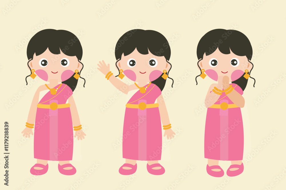 Cute Cartoon Characters in Thai Traditional Attire Cute Cartoon Characters in Thai Traditional Attire