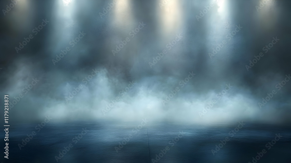 Empty Dark Room with Concrete Floor and Fog Illuminated by Spotlights Creating a Dramatic Ambiance Empty Dark Room with Concrete Floor and Fog Illuminated by Spotlights Creating a Dramatic Ambiance