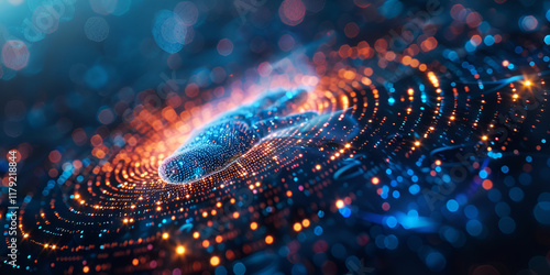 Glowing Digital Fingerprint Surrounded by Blue and Orange Light Waves in a Futuristic Tech Design  
