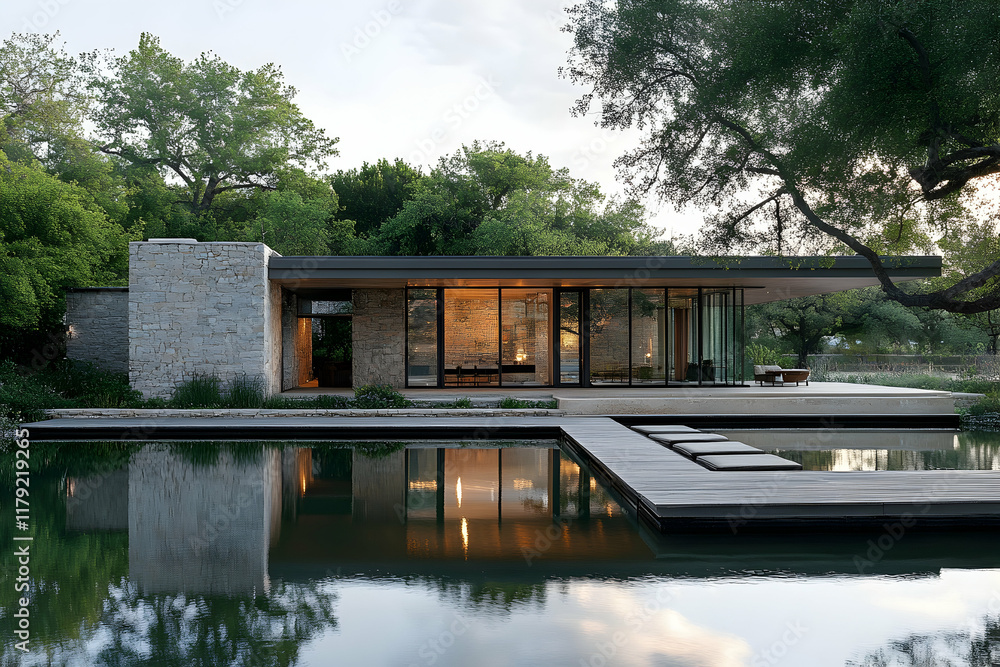 Peaceful lakeside house surrounded by greenery and calm waters Peaceful lakeside house surrounded by greenery and calm waters