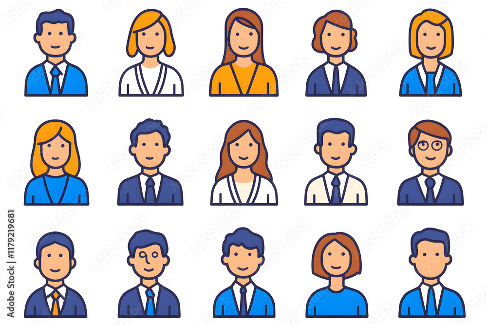 Icons for profile pictures bundle, different male and female characters user avatars in cartoon black vector line art on white background Icons for profile pictures bundle, different male and female characters user avatars in cartoon black vector line art on white background