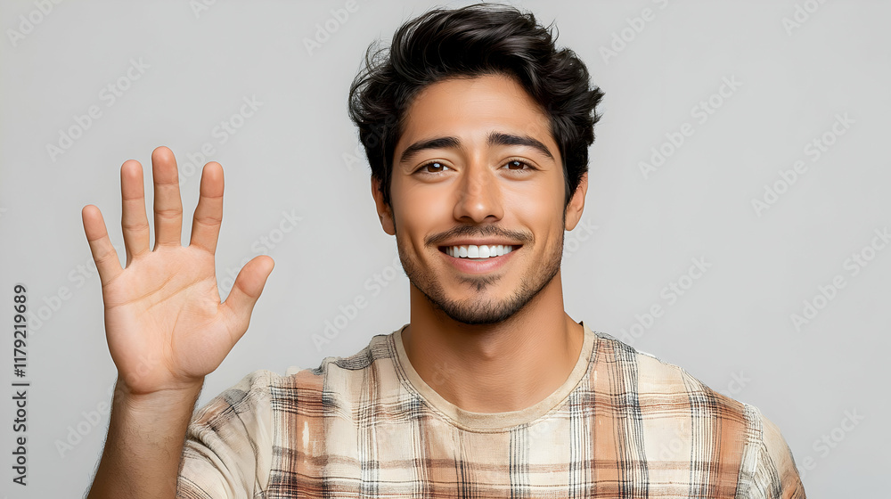 Smiling Man Raises Hand in Greeting Against a Solid Background, Showing Five Fingers Cheerfully. Smiling Man Raises Hand in Greeting Against a Solid Background, Showing Five Fingers Cheerfully.