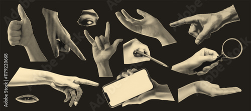 Set of hands gestures at the popart style and halftone effect on the transparent grid background. Trendy zine dadaizm elements isolated as a png. Vintage white and black retro collection.