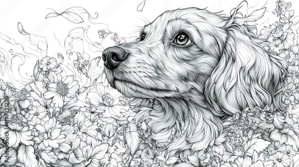 Penciled dog portrait amidst detailed floral arrangement. Penciled dog portrait amidst detailed floral arrangement.