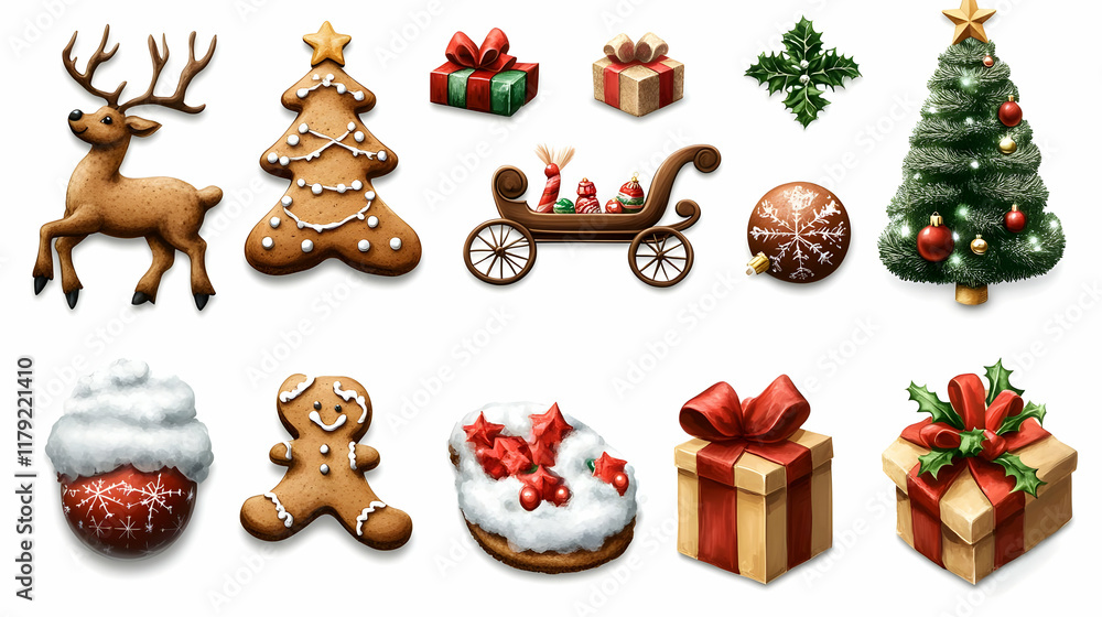 Christmas Icons Set Features Festive Treats, Decorations, and Symbols beautifully arranged on a white background Christmas Icons Set Features Festive Treats, Decorations, and Symbols beautifully arranged on a white background