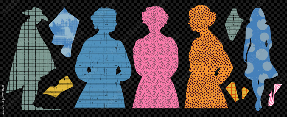 Collage of colorful paper silhouette of cowboy man and woman. Torn pieces with dot and line grid texture. Cutout element set on transparent background. Collage of colorful paper silhouette of cowboy man and woman. Torn pieces with dot and line grid texture. Cutout element set on transparent background.