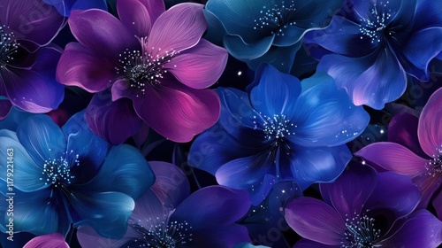 A vibrant seamless pattern featuring radiant purple and blue flowers with sparkling abstract details