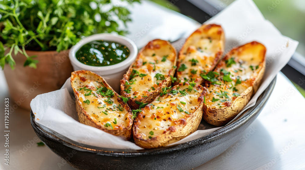 Crispy potato skins topped with cheese and herbs, served with sauce Crispy potato skins topped with cheese and herbs, served with sauce