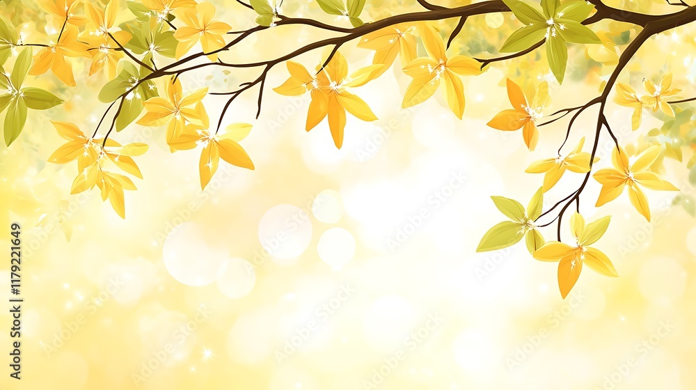 Yellow Flowers and Green Leaves on a Branch Yellow Flowers and Green Leaves on a Branch