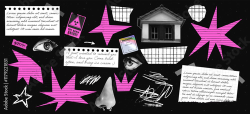 Collage element set of Pink torn paper crown, sparkle, burst and halftone nose, home, eye texture. Grunge rock sticker, attention mark and scratches, Retro vector design with punk and Y2K vibes.