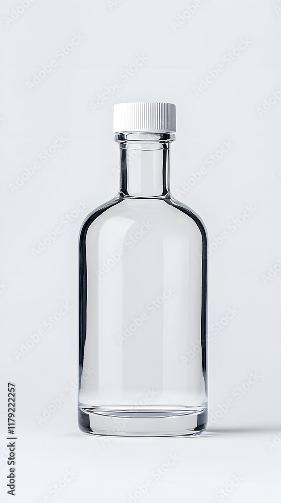 A small clear glass bottle of liquid mock up isolated on white background A small clear glass bottle of liquid mock up isolated on white background