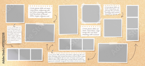 Photo frame collage with paper note and arrow element. Retro scrapbook design with vector image layout, featuring a board background and square shape.
