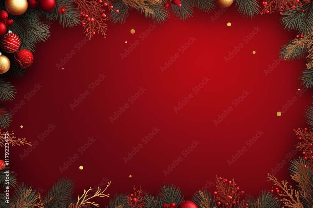 Elegant christmas border with red and gold ornaments, pine branches, and berries creates a festive frame on a rich red background Elegant christmas border with red and gold ornaments, pine branches, and berries creates a festive frame on a rich red background