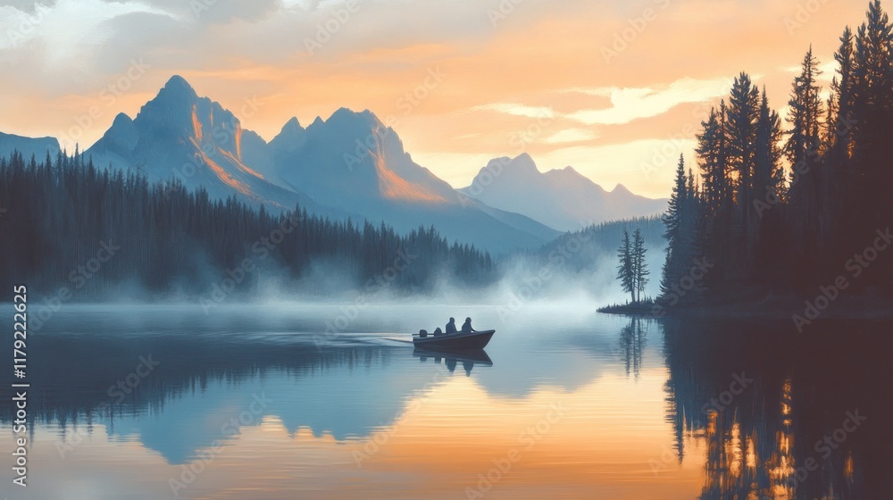 Fototapeta premium Serene sunrise over misty lake with mountain range and boat.