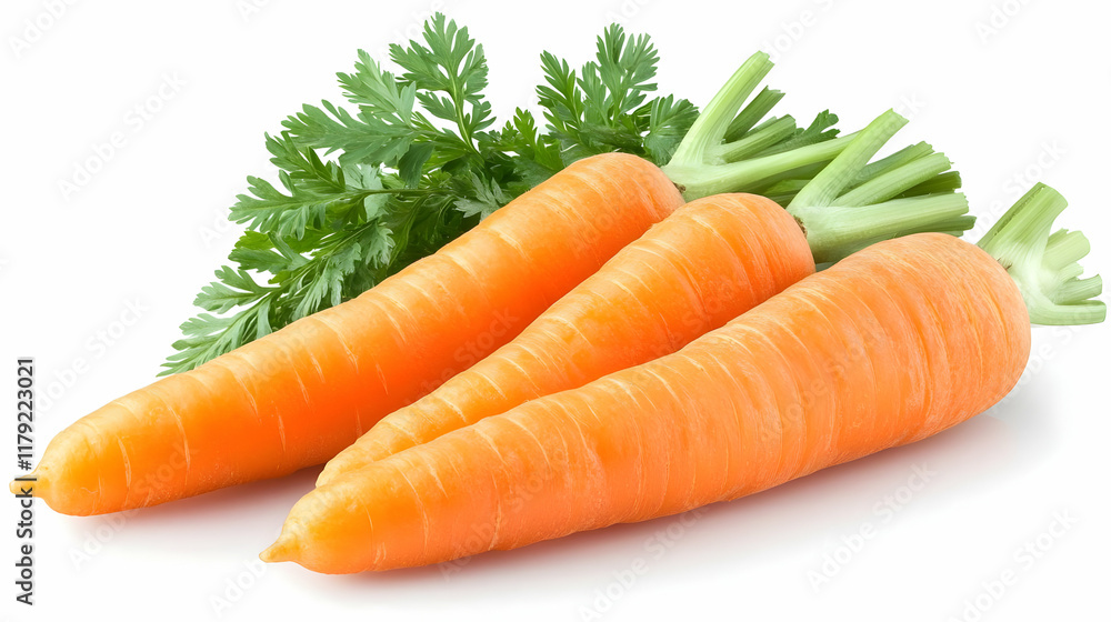 Three Fresh Carrots with Green Tops Lay on a White Background Three Fresh Carrots with Green Tops Lay on a White Background