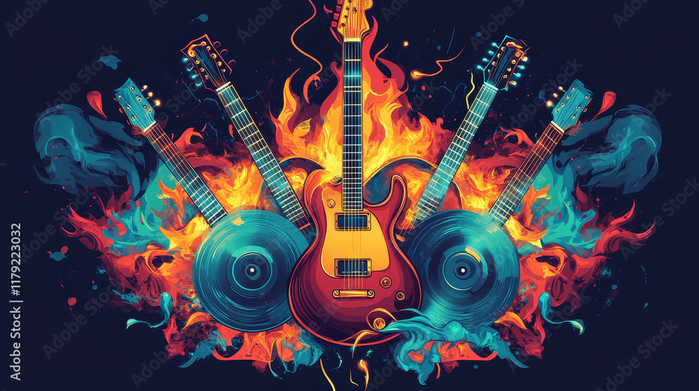 Rock music fest icon with vector rocker guitars, vinyl record, skeleton rock and roll horns, lightning bolts and fire flames. Hard rock music festival, live concert show and metal party emblem design Rock music fest icon with vector rocker guitars, vinyl record, skeleton rock and roll horns, lightning bolts and fire flames. Hard rock music festival, live concert show and metal party emblem design