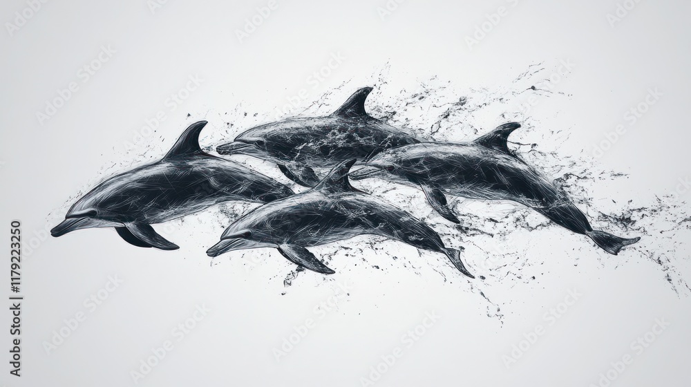Fototapeta premium Four dolphins leap from water, creating a splash.