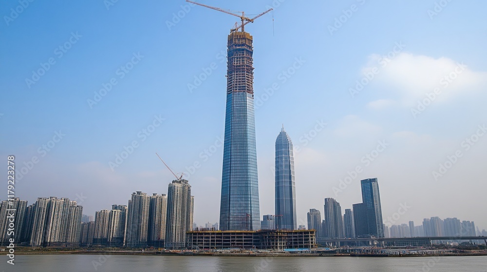 Obraz premium Tall skyscraper under construction near river.