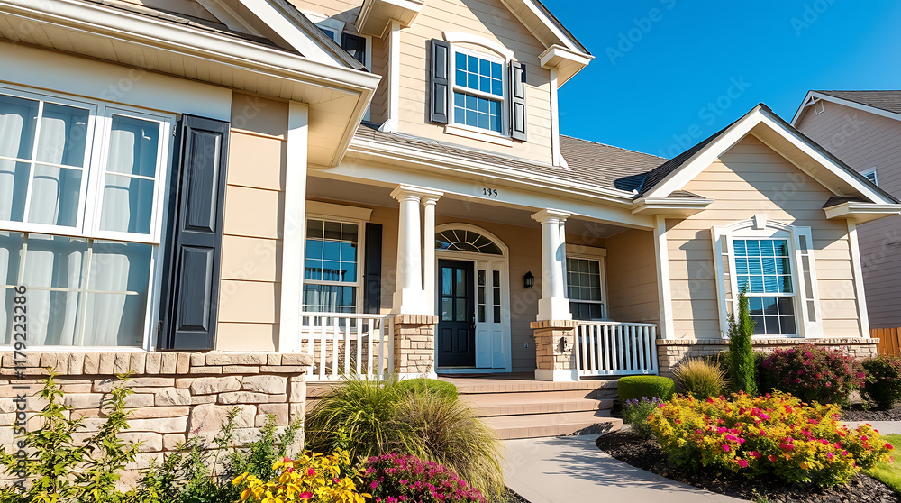 Obraz premium Beige two-story house with white columns, dark shutters, and landscaping. The home features multiple windows, a front porch, and a stone base. The scene is brightly lit, with a clear blue sky.
