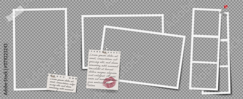 Photo frame collage with paper note and kiss. Transparent vector blank template with white border, ideal for vintage album mockups or scrapbook pages.