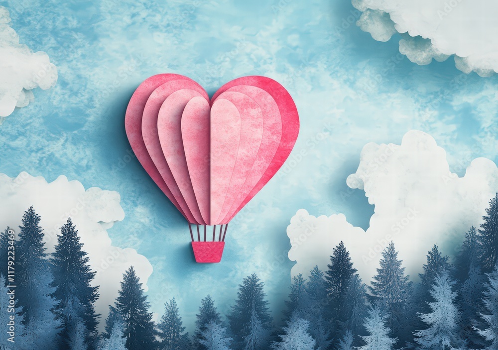 Obraz premium Paper art-style Valentine's Day background with a heart-shaped hot air balloon flying in the sky, trees, and clouds on a blue pastel-colored background. design for holiday celebration, love concept