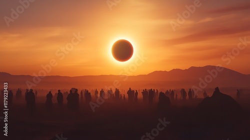 total solar eclipse seen from a desert location, with spectators gathered under the clear sky to witness the celestial event