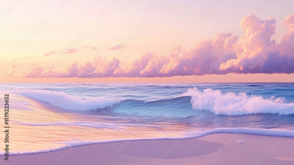 A serene ocean view with small waves and golden sand under a pastel-colored sky, creating a tranquil mood