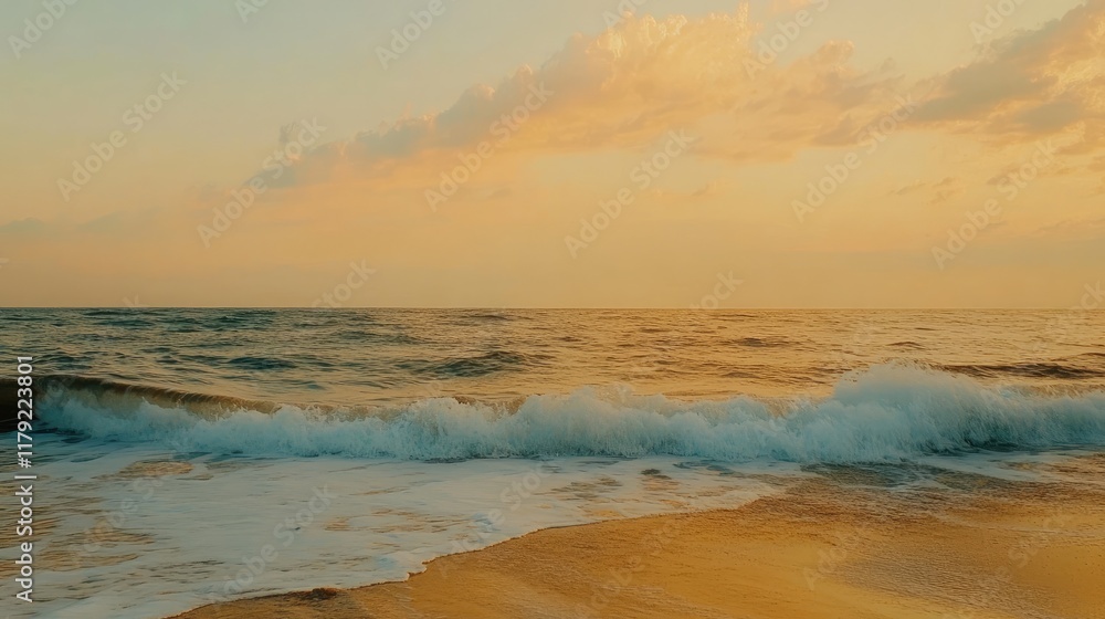 Fototapeta premium A serene ocean view with small waves and golden sand under a pastel-colored sky, creating a tranquil mood