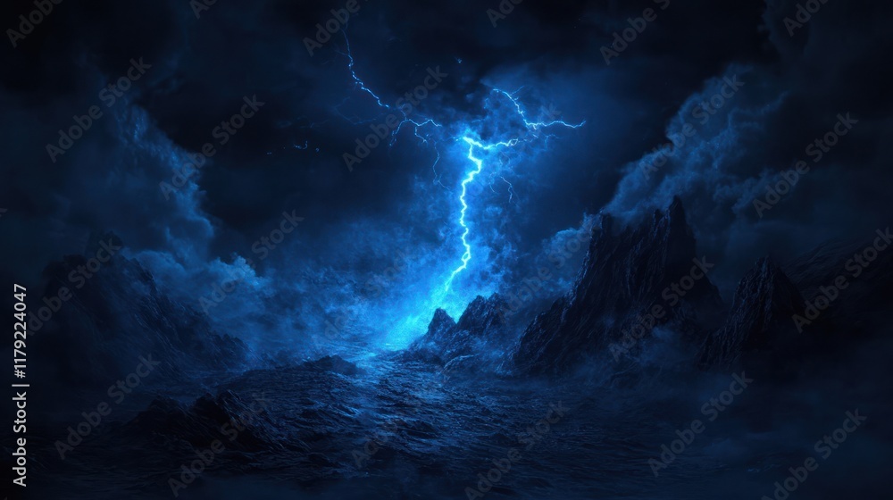 Fototapeta premium Blue lightning strikes stormy sea, dark mountains, night, fantasy backdrop
