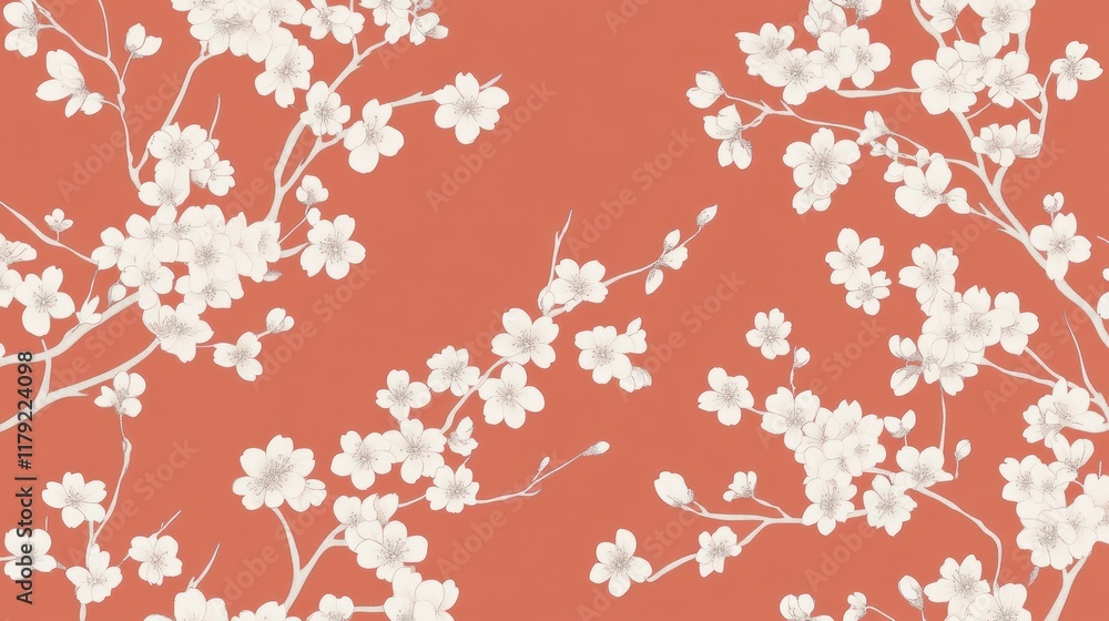 White cherry blossoms on a terracotta background.