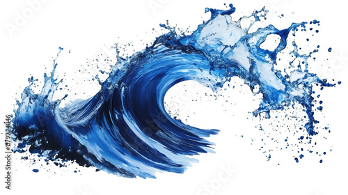 A combination of blue and white paint splashes depicting an abstract ocean wave isolated on a transparent background, PNG photo