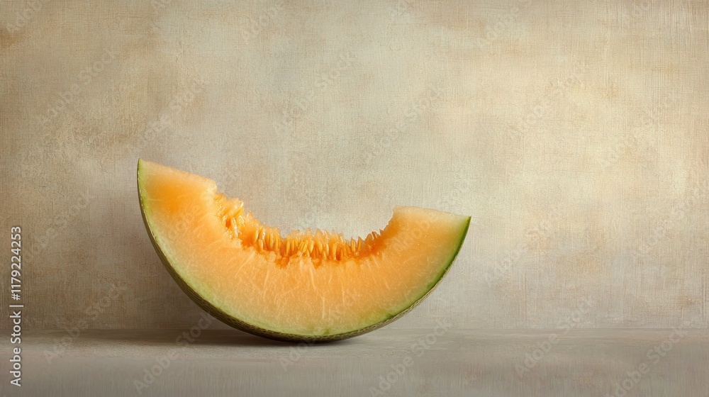 A Simple Slice of Cantaloupe on a Neutral Background A Simple Slice of Cantaloupe on a Neutral Background