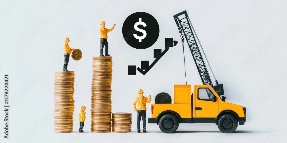 Miniature Workers With Coins And Crane Symbolizing Growth