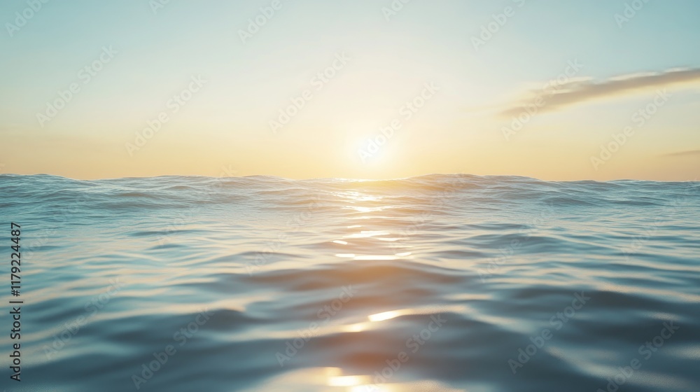 Obraz premium A peaceful ocean view with soft ripples meeting a sandy beach, framed by faintly glowing golden hour light
