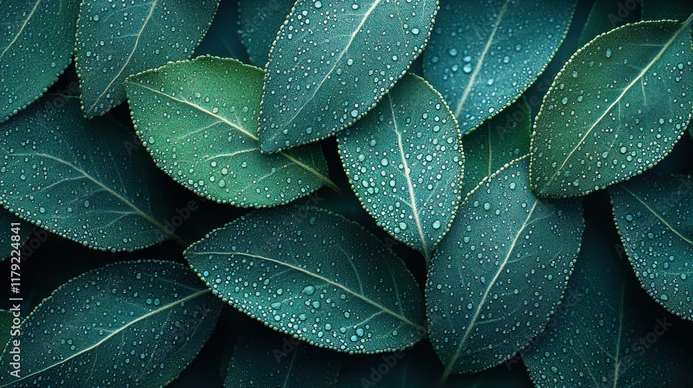 Obraz premium Lush green leaves with water droplets. (1)