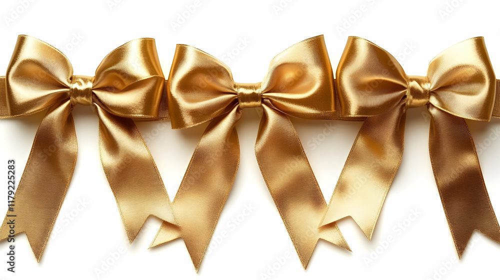 Four Elegant Gold Satin Ribbons Tied into Bows Arranged Horizontally on a White Background Four Elegant Gold Satin Ribbons Tied into Bows Arranged Horizontally on a White Background